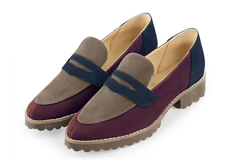 Wine red, tan beige and navy blue women's casual loafers. Round toe. Flat rubber soles. Front view - Florence KOOIJMAN